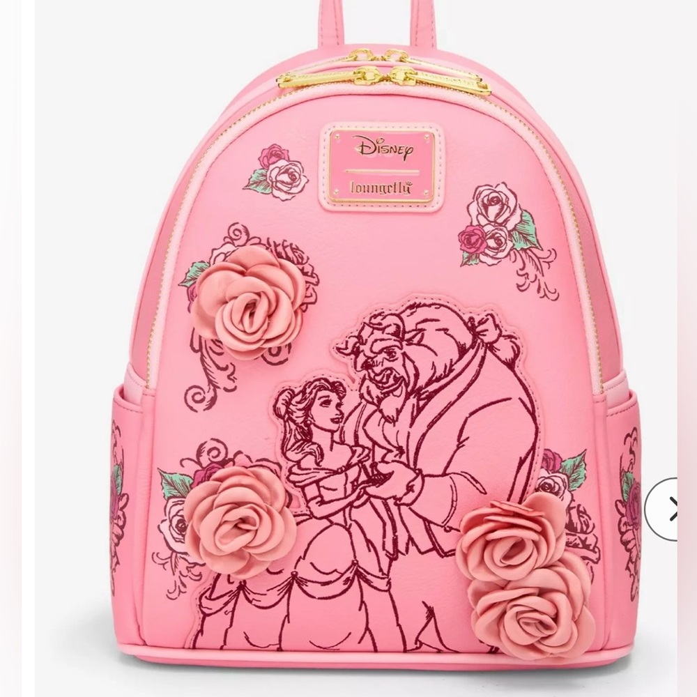 Loungefly Disney Pink Roses Beauty and the Beast backpack New!